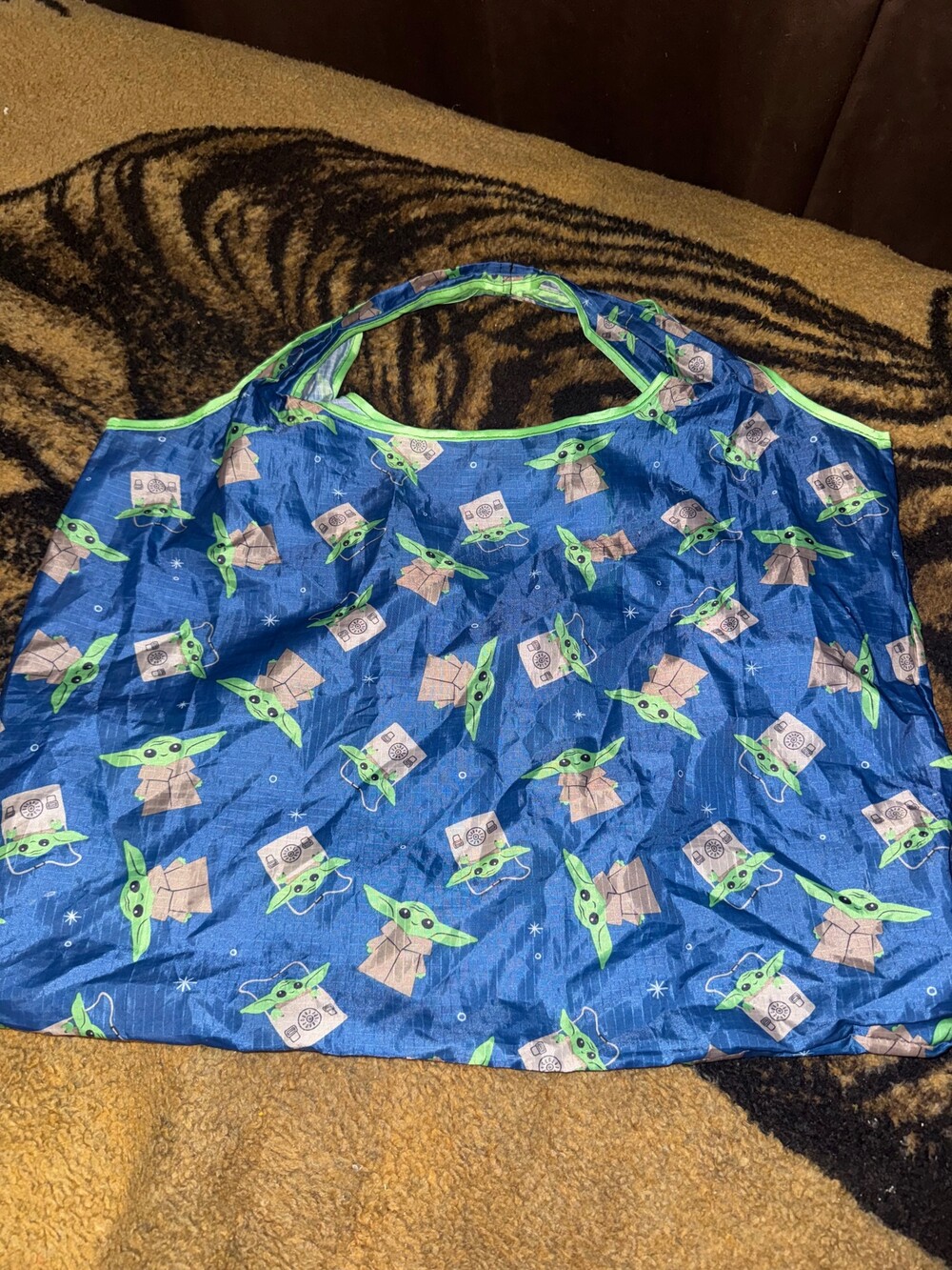 Baby Yoda Reusable Shopping Bag Blue with Green Trim Lightweight Polyester